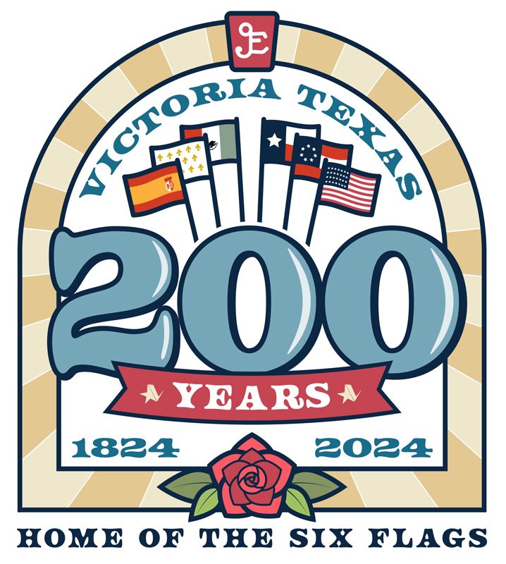 Logo with text reading Victoria Texas. 200 Years. Home of the Six Flags.