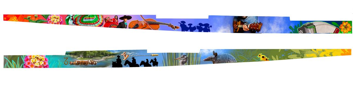 Mural design for two walls featuring flowers, mariachis, dancers, cattle, heron, armadillo