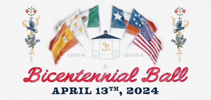Logo featuring six flags and De Leon brand. Bicentennial Ball, April 13th, 2024