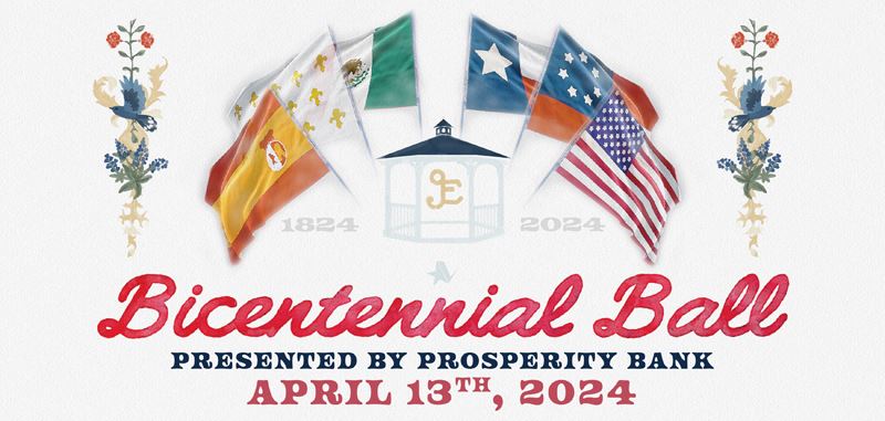 Logo for the Bicentennial Ball presented by Prosperity Bank on April 13. Logo includes six flags.