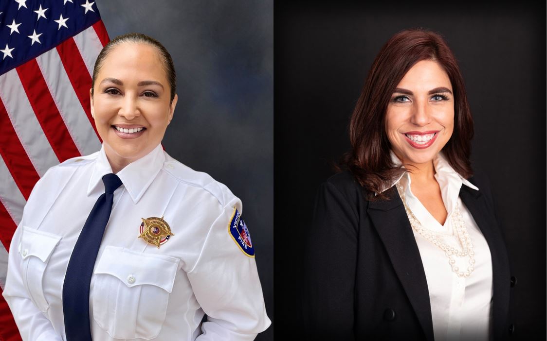 Side by side headshots of two women. The one on the left wears a fire uniform.