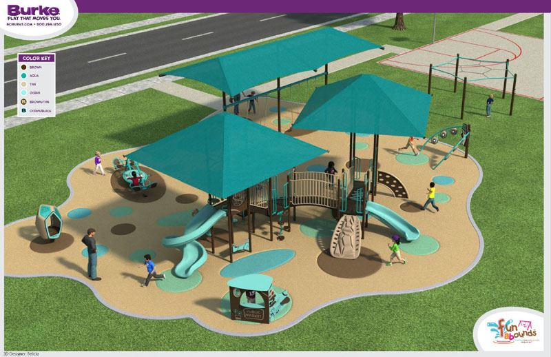 Rendering of the new large shaded play structure surrounded by swings, a seesaw and other play areas