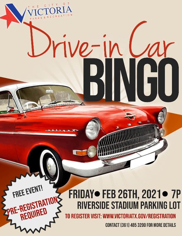Flyer for drive-in bingo. Feb. 26, 7 p.m., Riverside Stadium. Register at 3614853200