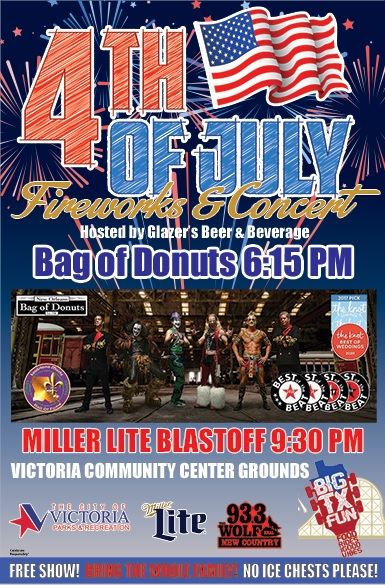 Flyer for July 4 fireworks show. Live concert at 6:15, fireworks at 9:30 at the community center.