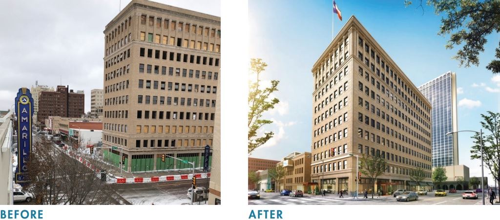 Side by side photos of a large building with many windows. Windows are boarded up in the before.