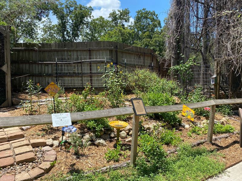 Butterfly garden featuring plants, stone and brick landscaping and small signs