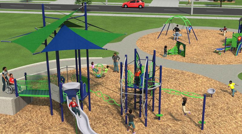 Play structure including different areas, monkey bars, swings and wheelchair access