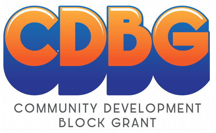 CDBG bubble letters in blue and orange colors, community development block grant wording in black