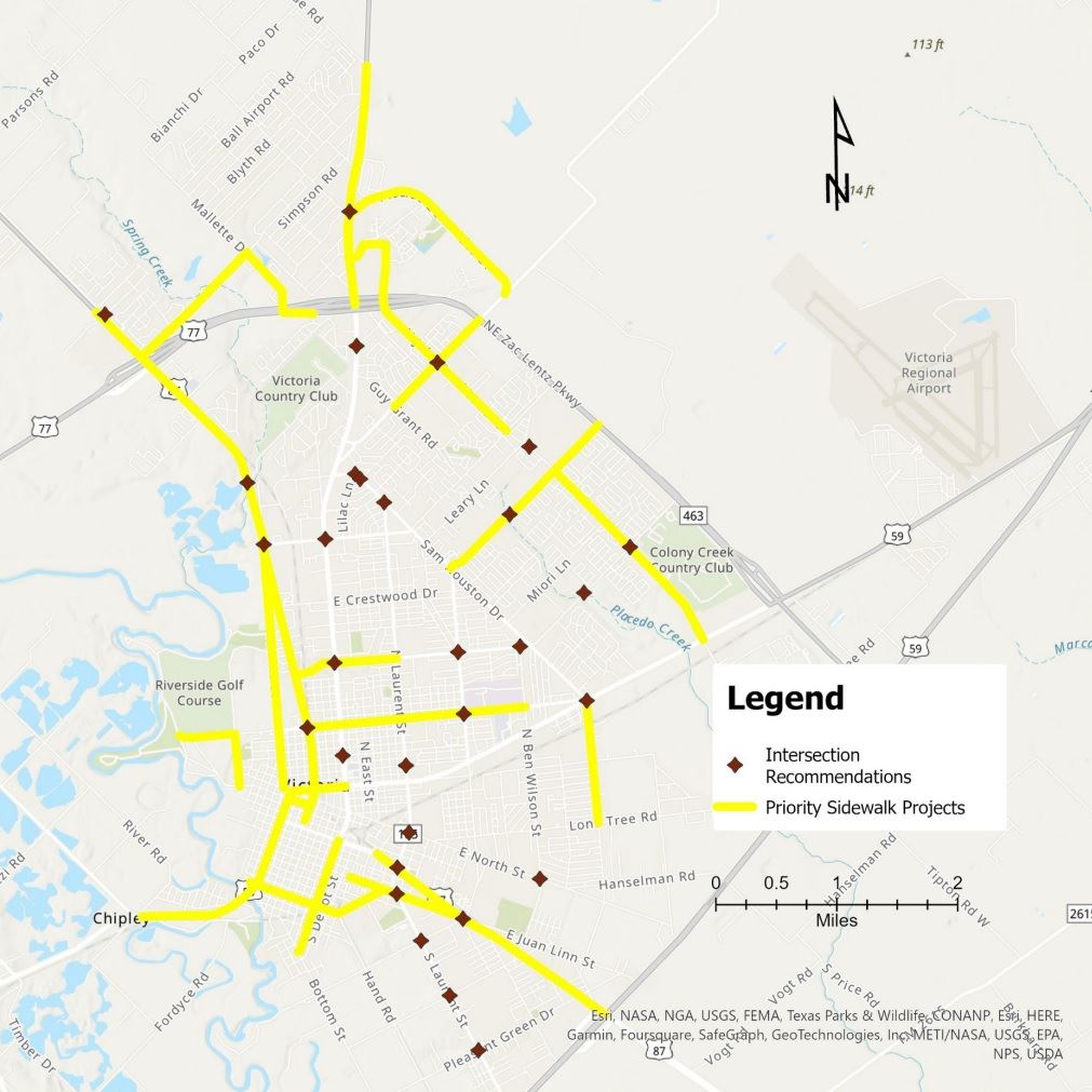 A map with potential sidewalks marked in various places