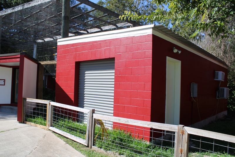 An enclosure with a protected glass panel and a large adjoining building painted bright red