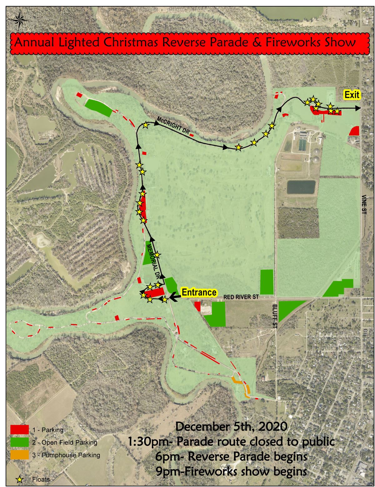Map showing driving route through Riverside Park with stationary floats along McCright Drive