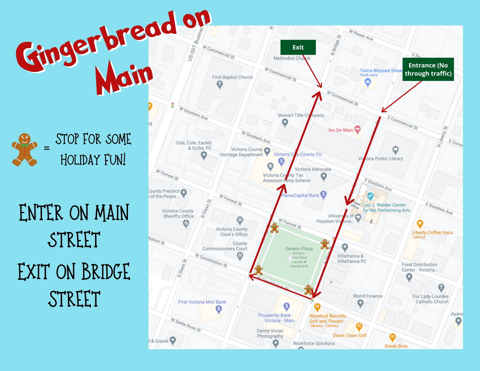 Map showing route going down Main Street from Commercial and circling DeLeon Plaza