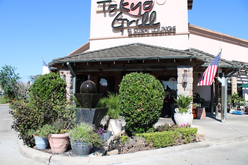 Potted plants, bushes and small flowering plants fill a flowerbed in front of Tokyo Grill.