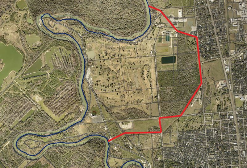 Map shows a red outline along the outside of Riverside Park, except small areas north and south.