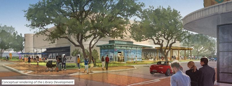 Conceptual rendering of the Victoria Public Library with outdoor seating, awnings and a pop-up store